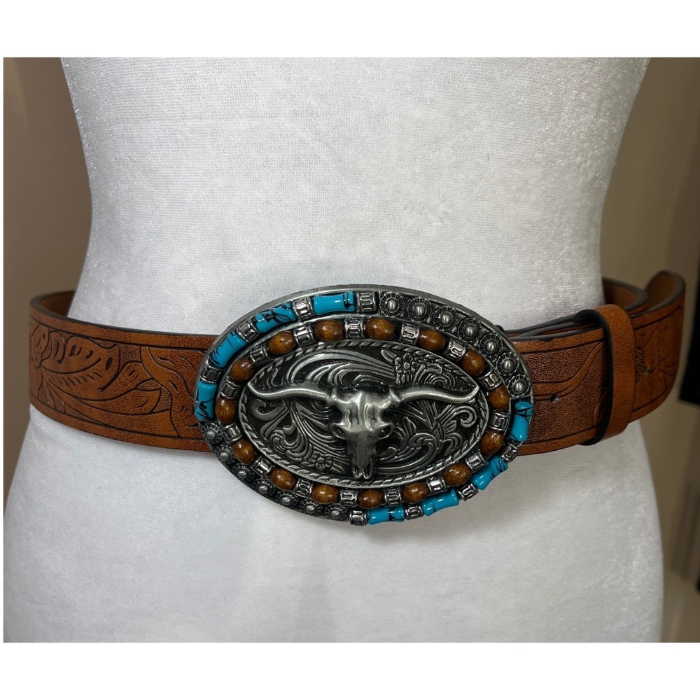 Western Belt Women's 38 Brown Longhorn Turquoise Floral Embossed Boho